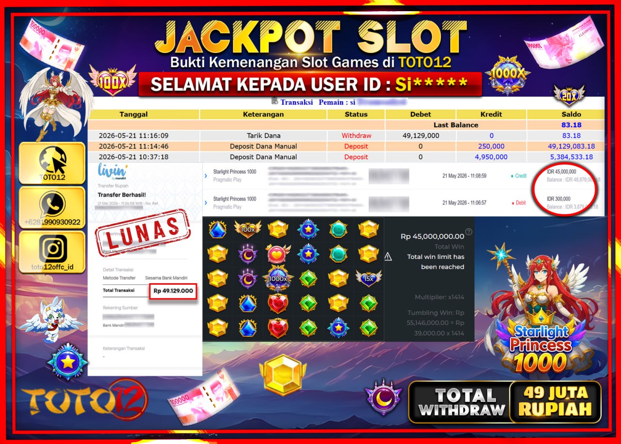 HANYA DI TOTO12 JP PASTI DI BAYAR LUNAS DAN CEPAT!!!!!! JACKPOT SLOT GAME (STARLIGHT PRINCESS 1000) Rp49.129.000!!!!
