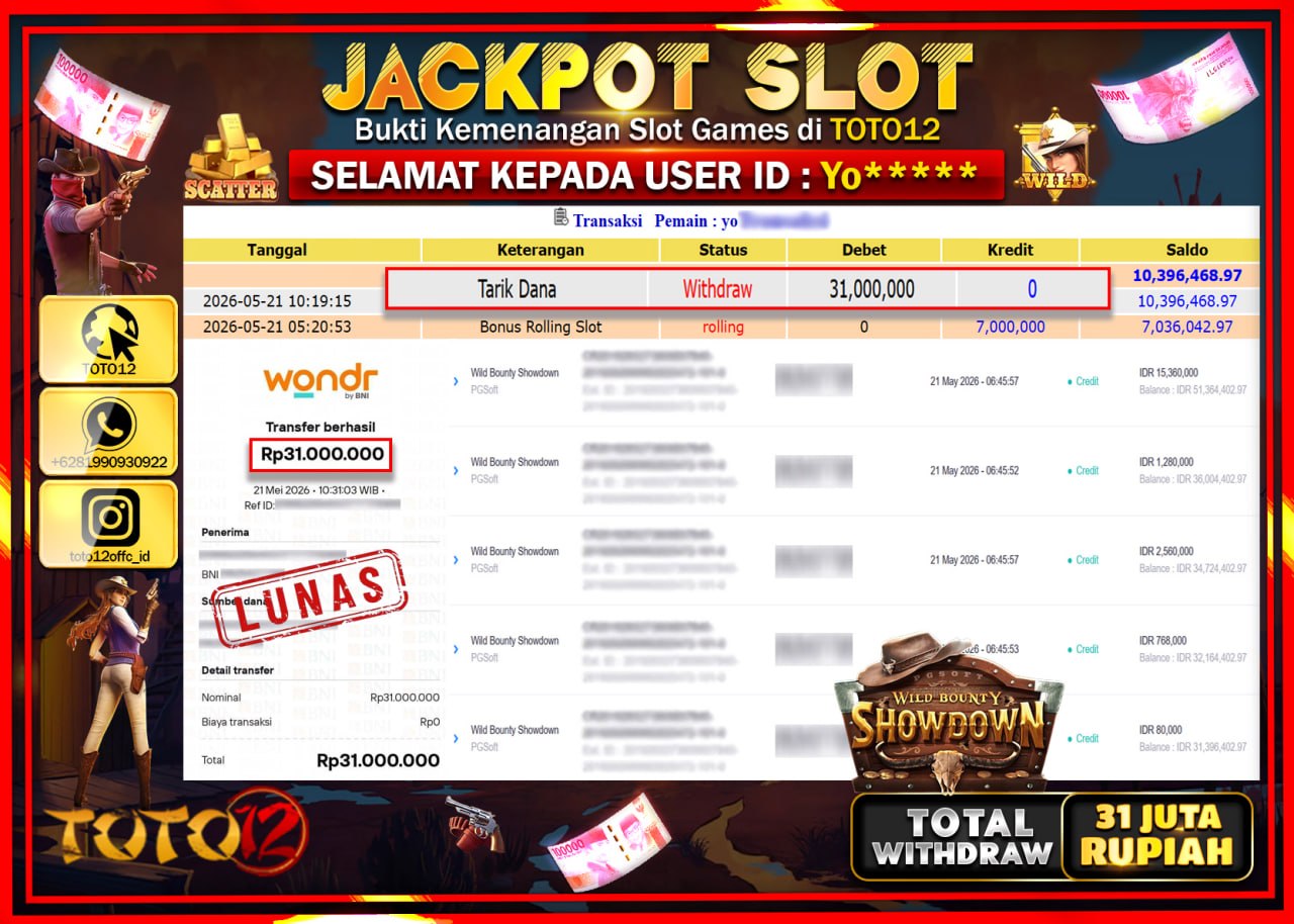 HANYA DI TOTO12 JP PASTI DI BAYAR LUNAS DAN CEPAT!!!!!! JACKPOT SLOT GAME (WILD BOUNTY SHOWDOWN) Rp31.000.000!!!!