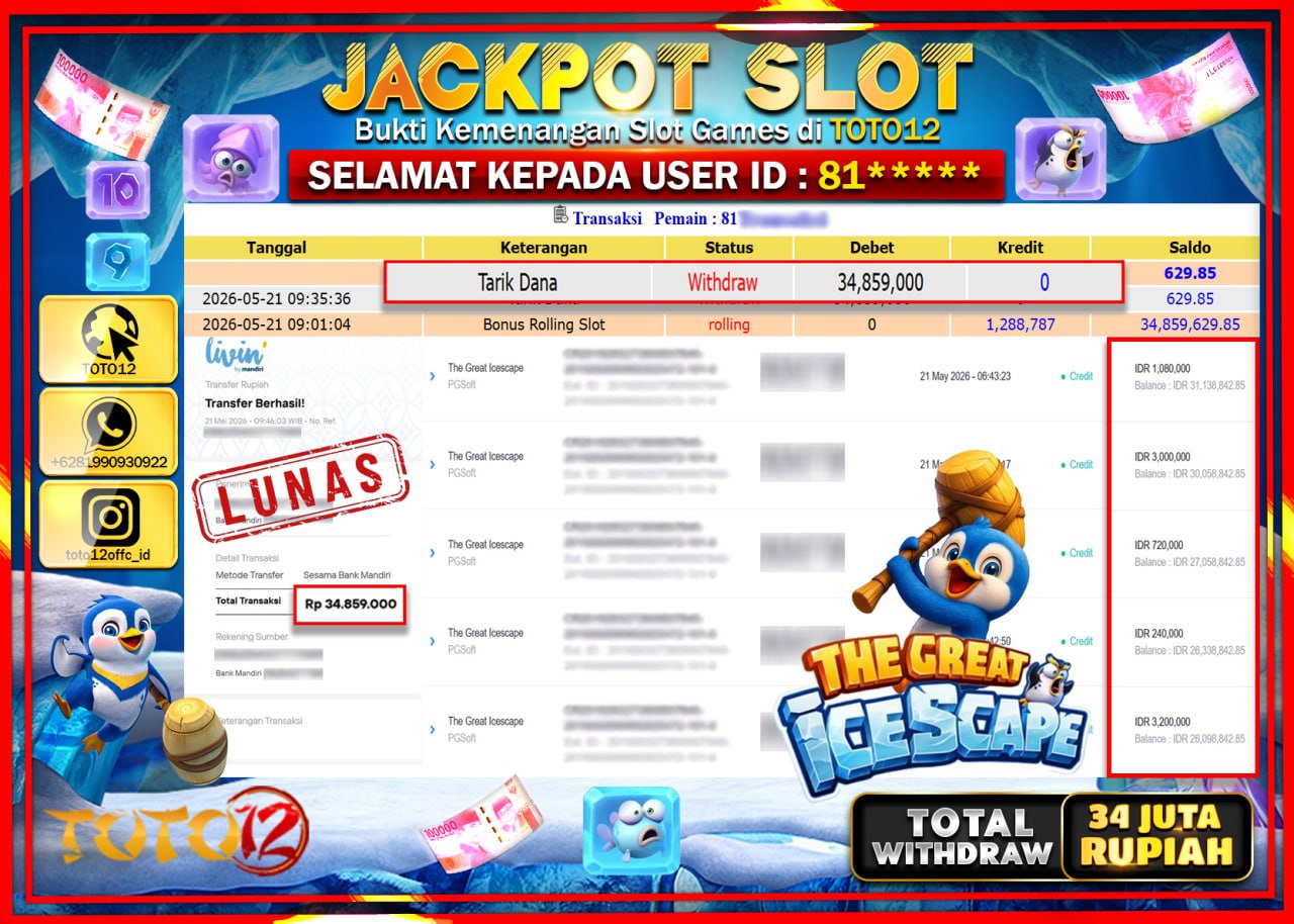HANYA DI TOTO12 JP PASTI DI BAYAR LUNAS DAN CEPAT!!!!!! JACKPOT SLOT GAME (THE GREAT ICESCAPE) Rp34.859.000!!!!
