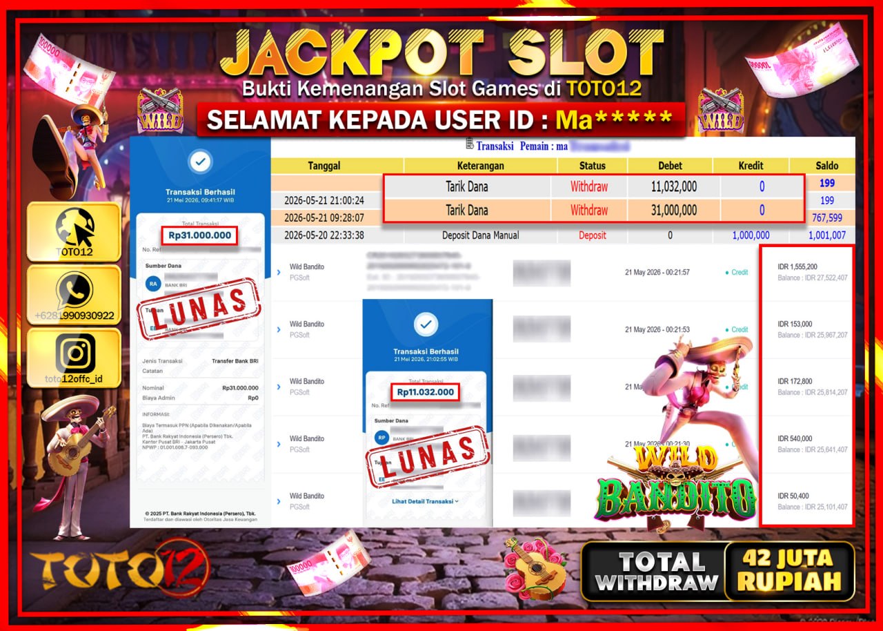 HANYA DI TOTO12 JP PASTI DI BAYAR LUNAS DAN CEPAT!!!!!! JACKPOT SLOT GAME (WILD BANDITO) Rp42.032.000!!!!