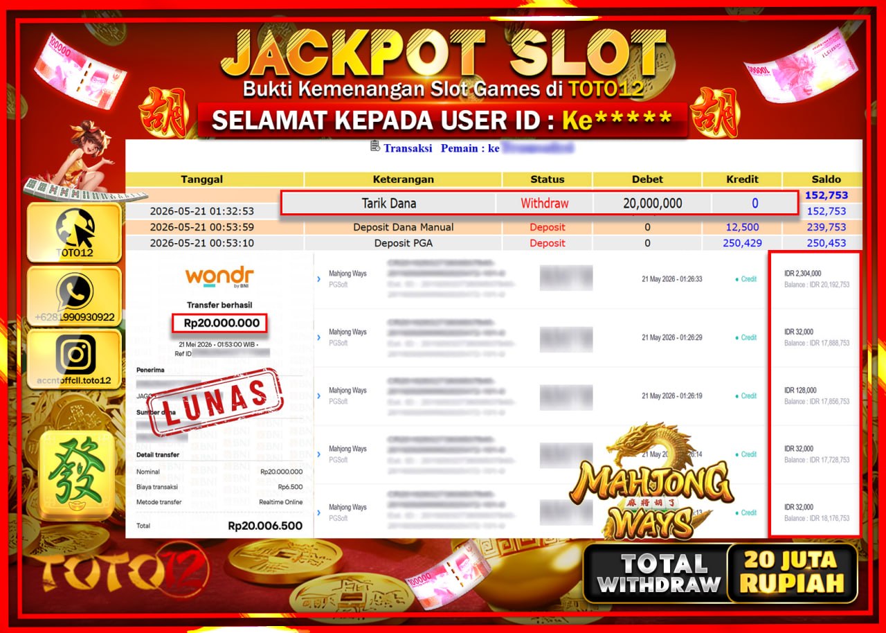 HANYA DI TOTO12 JP PASTI DI BAYAR LUNAS DAN CEPAT!!!!!! JACKPOT SLOT GAME (MAHJONG WAYS) Rp20.000.000!!!!