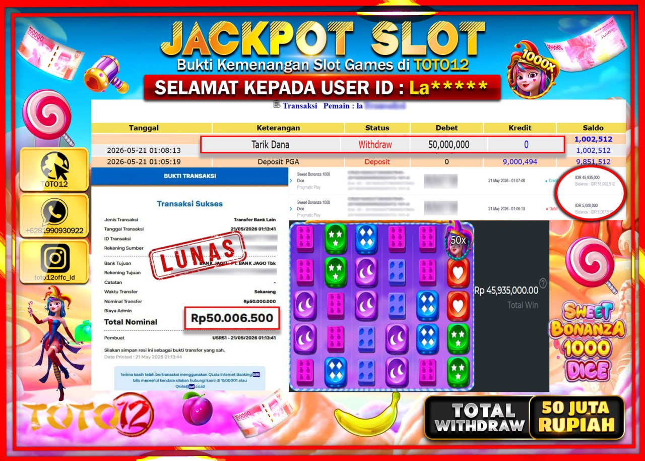 HANYA DI TOTO12 JP PASTI DI BAYAR LUNAS DAN CEPAT!!!!!! JACKPOT SLOT GAME (SWEET BONANZA 1000 DICE) Rp50.000.000!!!!