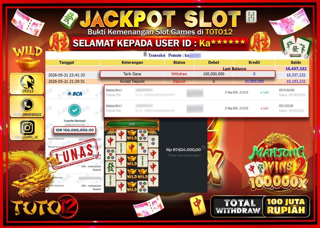 HANYA DI TOTO12 JP PASTI DI BAYAR LUNAS DAN CEPAT!!!!!! JACKPOT SLOT GAME (MAHJONG WINS 2) Rp100.000.000!!!!
