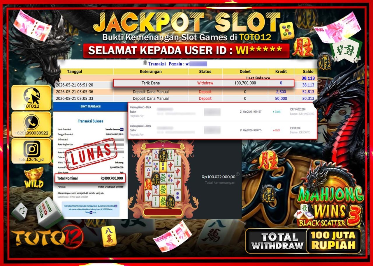 HANYA DI TOTO12 JP PASTI DI BAYAR LUNAS DAN CEPAT!!!!!! JACKPOT SLOT GAME (MAHJONG WINS 3 BLACK SCATTER) Rp100.700.000!!!!