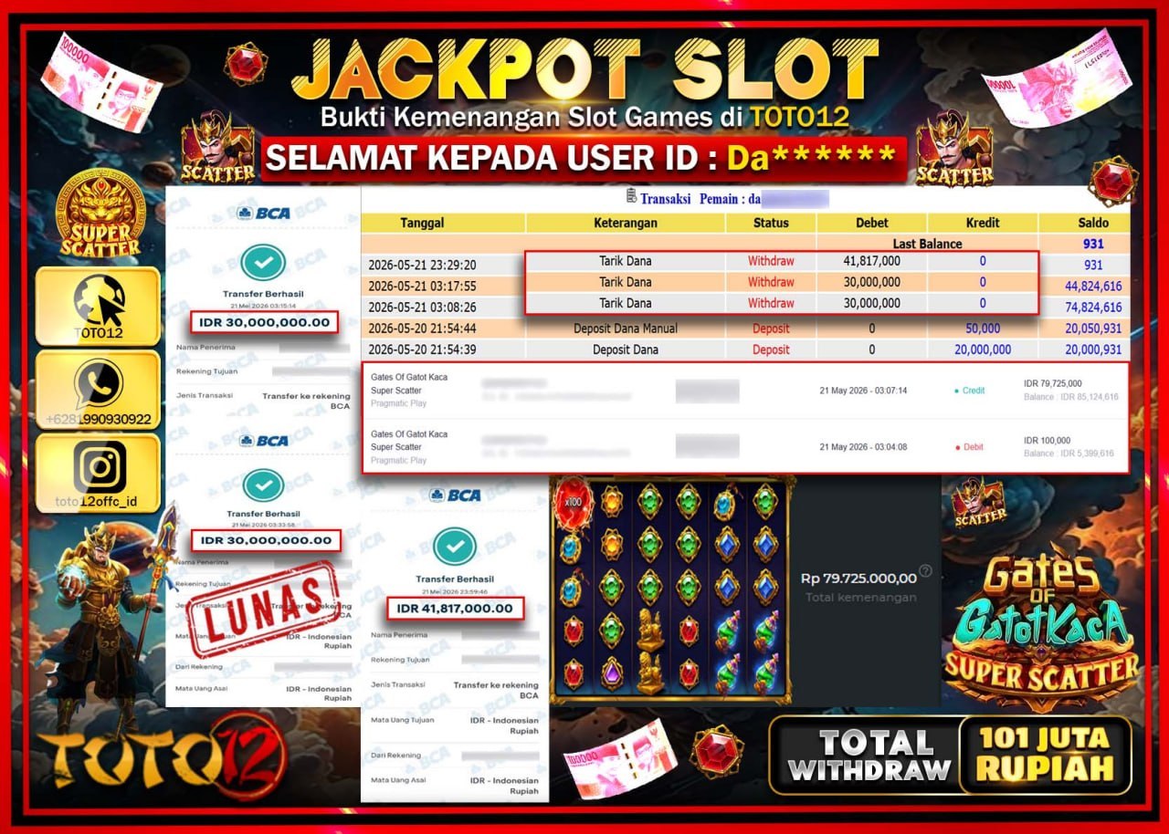 HANYA DI TOTO12 JP PASTI DI BAYAR LUNAS DAN CEPAT!!!!!! JACKPOT SLOT GAME (GATES OF GATOTKACA SUPER SCATTER) Rp101.817.000!!!!