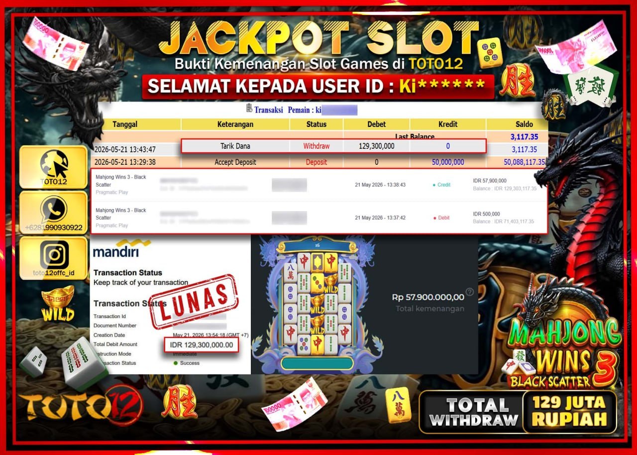 HANYA DI TOTO12 JP PASTI DI BAYAR LUNAS DAN CEPAT!!!!!! JACKPOT SLOT GAME (MAHJONG WINS 3 BLACK SCATTER) Rp129.300.000!!!!