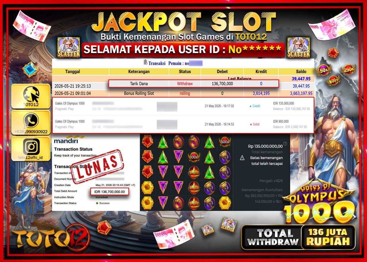HANYA DI TOTO12 JP PASTI DI BAYAR LUNAS DAN CEPAT!!!!!! JACKPOT SLOT GAME (GATES OF OLYMPUS 1000) Rp136.700.000!!!!