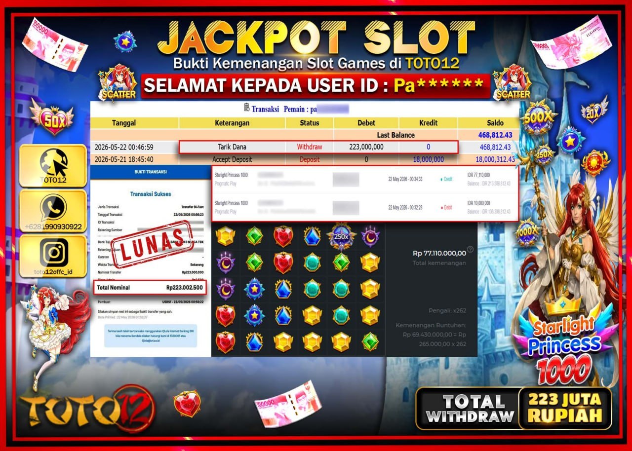HANYA DI TOTO12 JP PASTI DI BAYAR LUNAS DAN CEPAT!!!!!! JACKPOT SLOT GAME (STARLIGHT PRINCESS 1000) Rp223.000.000!!!!