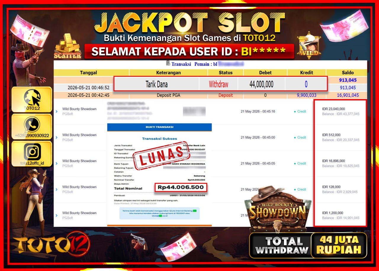 HANYA DI TOTO12 JP PASTI DI BAYAR LUNAS DAN CEPAT!!!!!! JACKPOT SLOT GAME (WILD BOUNTY SHOWDOWN) Rp44.000.000!!!!