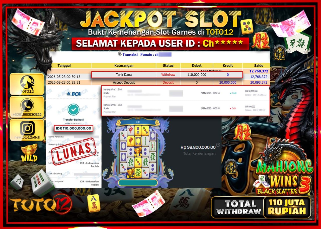 HANYA DI TOTO12 JP PASTI DI BAYAR LUNAS DAN CEPAT!!!!!! JACKPOT SLOT GAME (MAHJONG WINS 3 BLACK SCATTER) Rp110.000.000!!!!