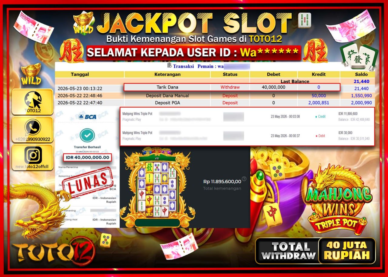 HANYA DI TOTO12 JP PASTI DI BAYAR LUNAS DAN CEPAT!!!!!! JACKPOT SLOT GAME (MAHJONG WINS TRIPLE POT) Rp40.000.000!!!!