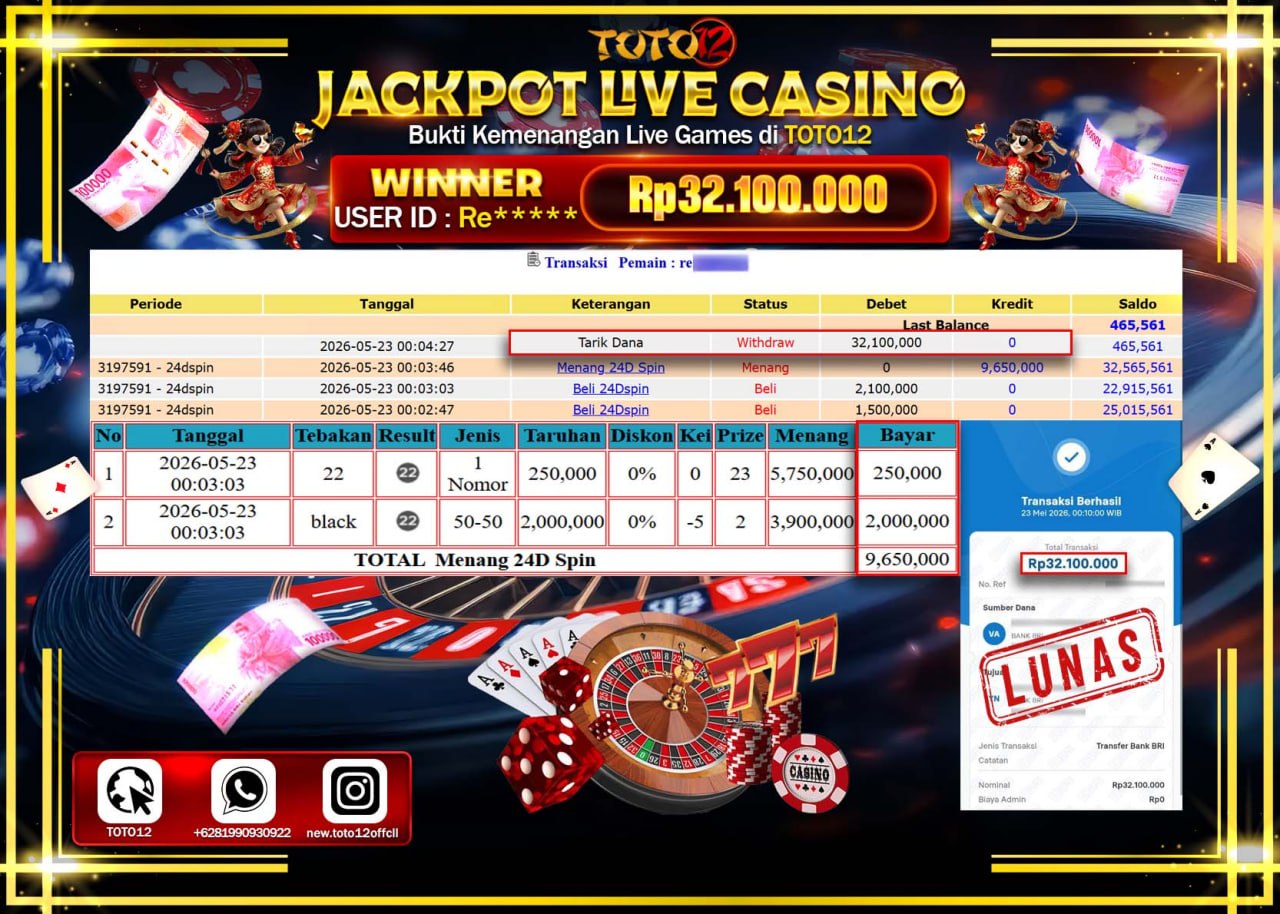 HANYA DI TOTO12 JP PASTI DI BAYAR LUNAS DAN CEPAT!!!!!! JACKPOT  LIVE GAME CASINO (24D) Rp32.100.000!!!!
