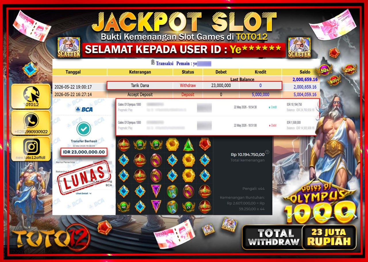 HANYA DI TOTO12 JP PASTI DI BAYAR LUNAS DAN CEPAT!!!!!! JACKPOT SLOT GAME (GATES OF OLYMPUS 1000) Rp23.000.000!!!!
