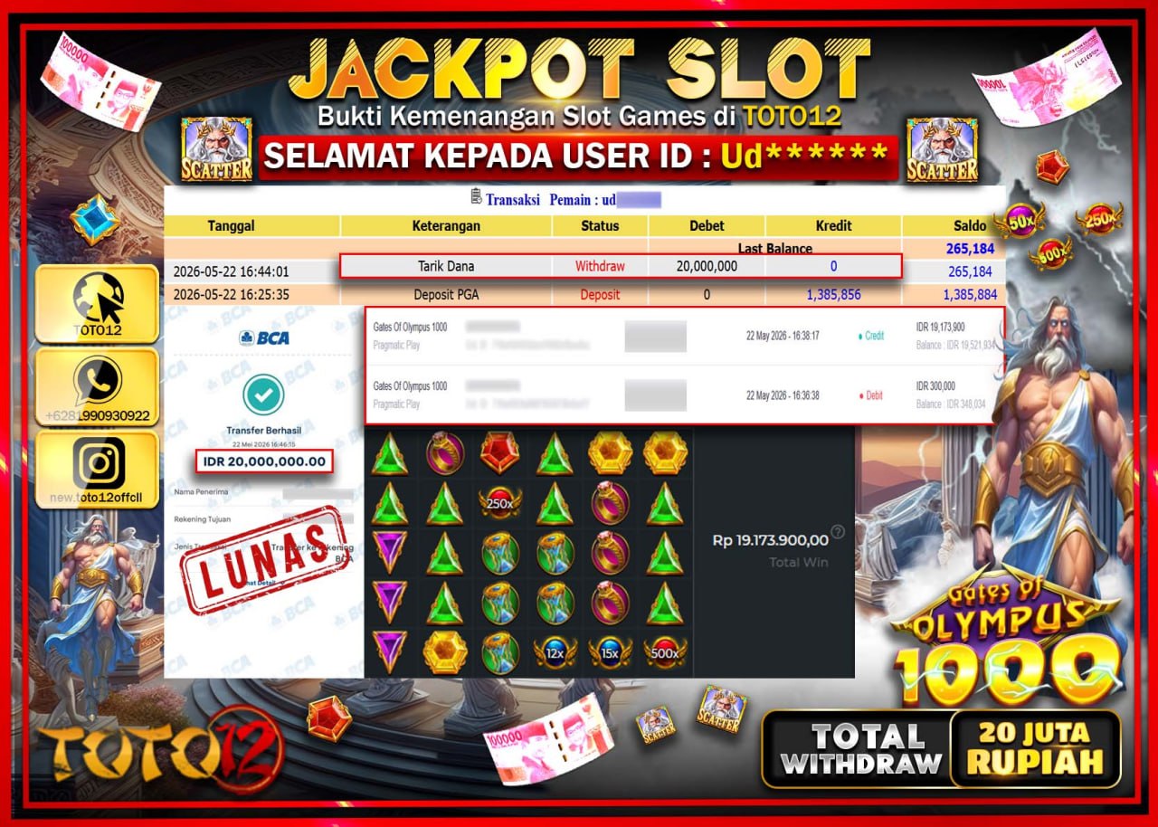 HANYA DI TOTO12 JP PASTI DI BAYAR LUNAS DAN CEPAT!!!!!! JACKPOT SLOT GAME (GATES OF OLYMPUS 1000) Rp20.000.000!!!!