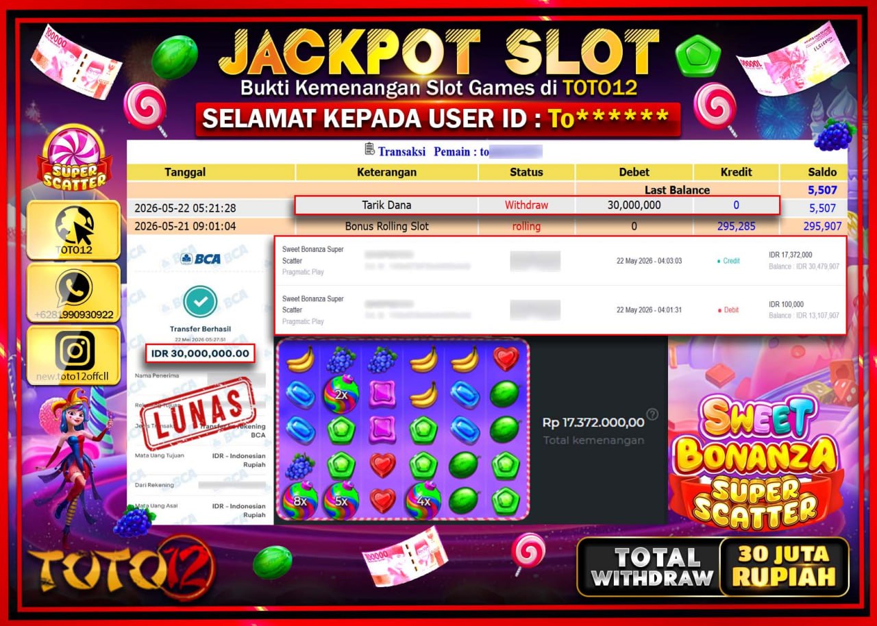 HANYA DI TOTO12 JP PASTI DI BAYAR LUNAS DAN CEPAT!!!!!! JACKPOT SLOT GAME (SWEET BONANZA SUPER SCATTER) Rp30.000.000!!!!