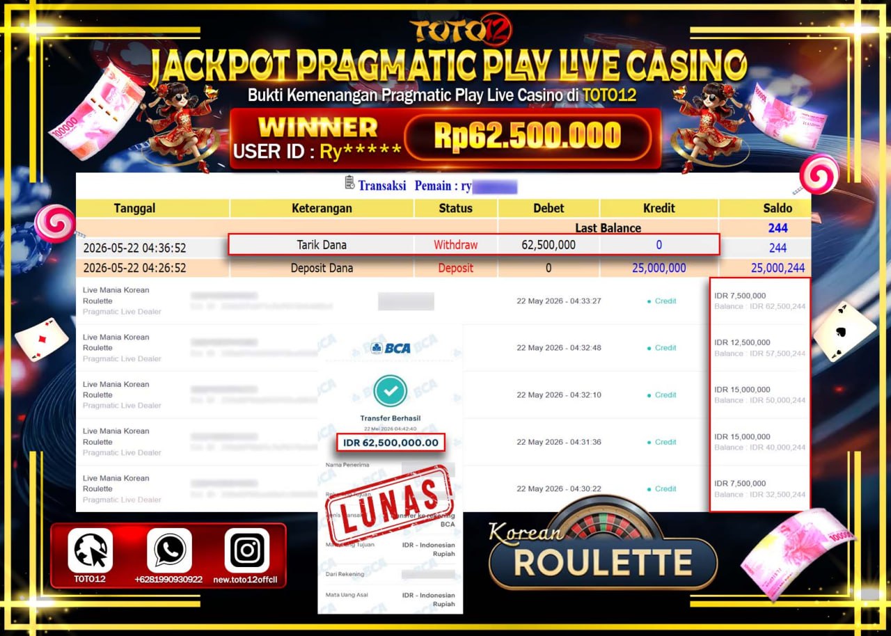 HANYA DI TOTO12 JP PASTI DI BAYAR LUNAS DAN CEPAT!!!!!! JACKPOT PRAGMATIC PLAY LIVE GAME CASINO (LIVE MANIA KOREAN ROULETTE) Rp62.500.000!!!!