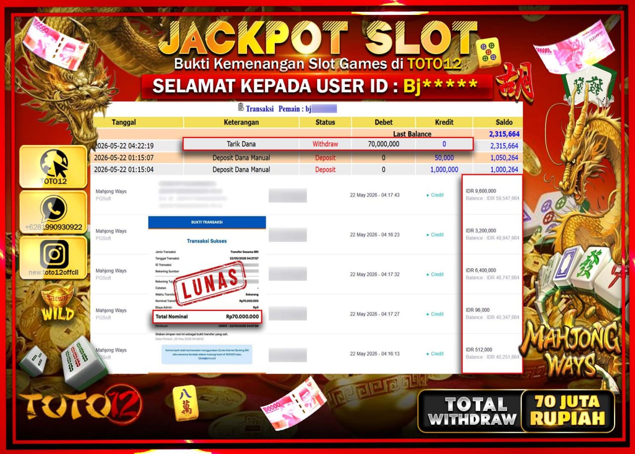HANYA DI TOTO12 JP PASTI DI BAYAR LUNAS DAN CEPAT!!!!!! JACKPOT SLOT GAME (MAHJONG WAYS) Rp70.000.000!!!!
