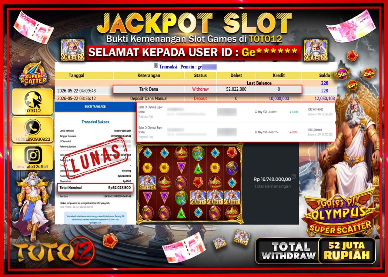 HANYA DI TOTO12 JP PASTI DI BAYAR LUNAS DAN CEPAT!!!!!! JACKPOT SLOT GAME (GATES OF OLYMPUS SUPER SCATTER) Rp52.022.000!!!!