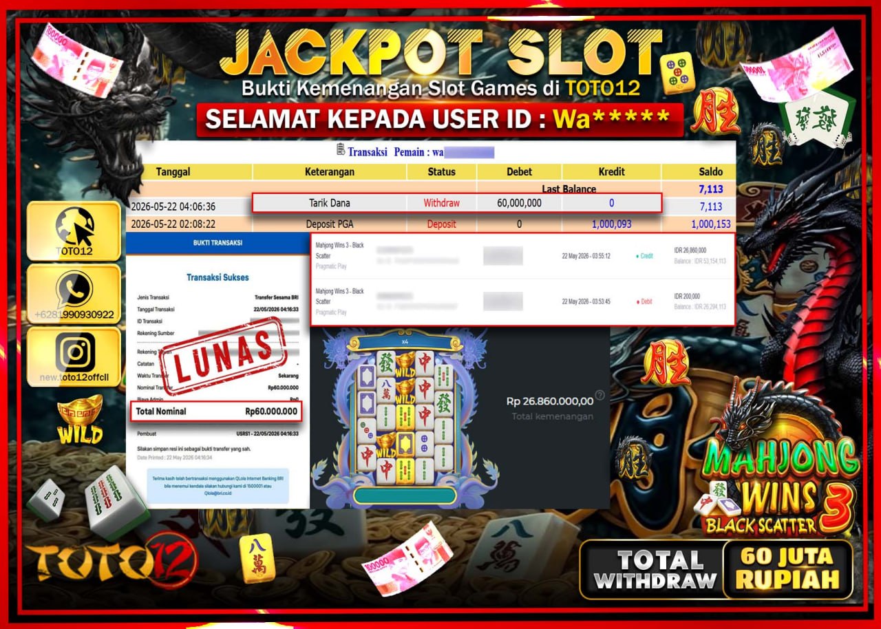 HANYA DI TOTO12 JP PASTI DI BAYAR LUNAS DAN CEPAT!!!!!! JACKPOT SLOT GAME (MAHJONG WINS 3 BLACK SCATTER) Rp60.000.000!!!!