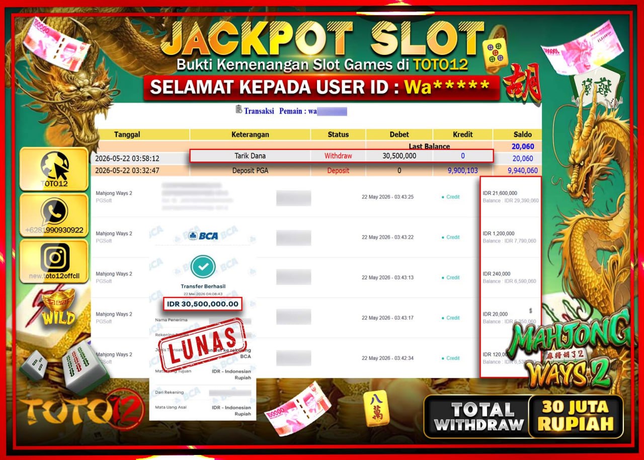 HANYA DI TOTO12 JP PASTI DI BAYAR LUNAS DAN CEPAT!!!!!! JACKPOT SLOT GAME (MAHJONG WAYS 2) Rp30.500.000!!!!