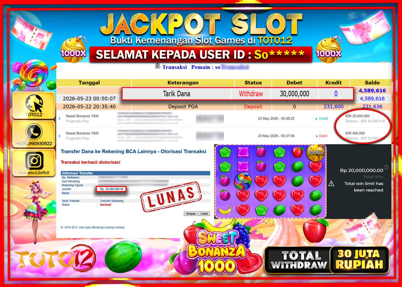 HANYA DI TOTO12 JP PASTI DI BAYAR LUNAS DAN CEPAT!!!!!! JACKPOT SLOT GAME (SWEET BONANZA 1000) Rp30.000.000!!!!
