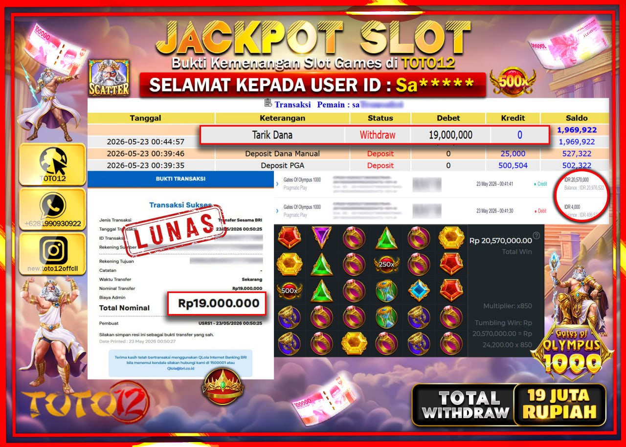 HANYA DI TOTO12 JP PASTI DI BAYAR LUNAS DAN CEPAT!!!!!! JACKPOT SLOT GAME (GATES OF OLYMPUS 1000) Rp19.000.000!!!!