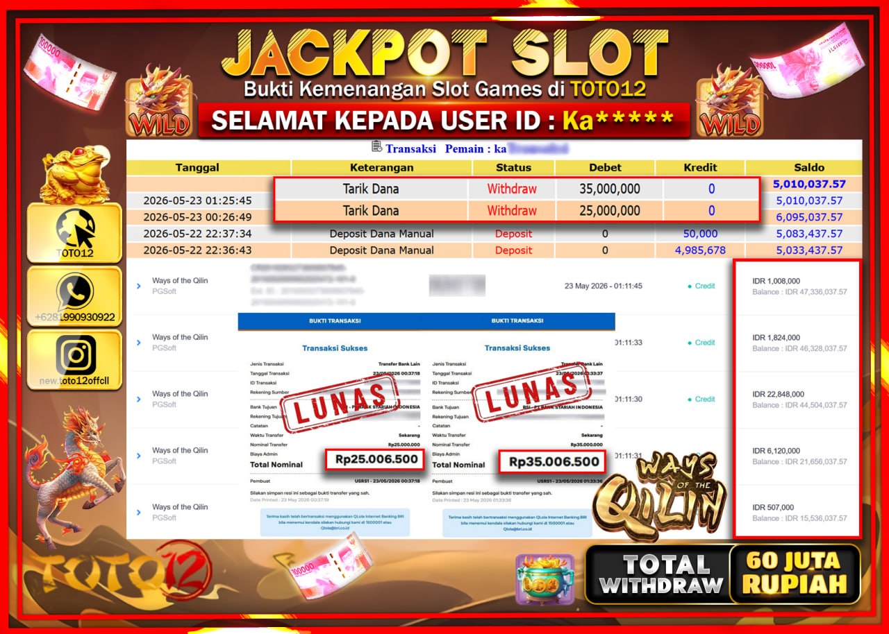 HANYA DI TOTO12 JP PASTI DI BAYAR LUNAS DAN CEPAT!!!!!! JACKPOT SLOT GAME (WAYS OF THE QILIH) Rp60.000.000!!!!