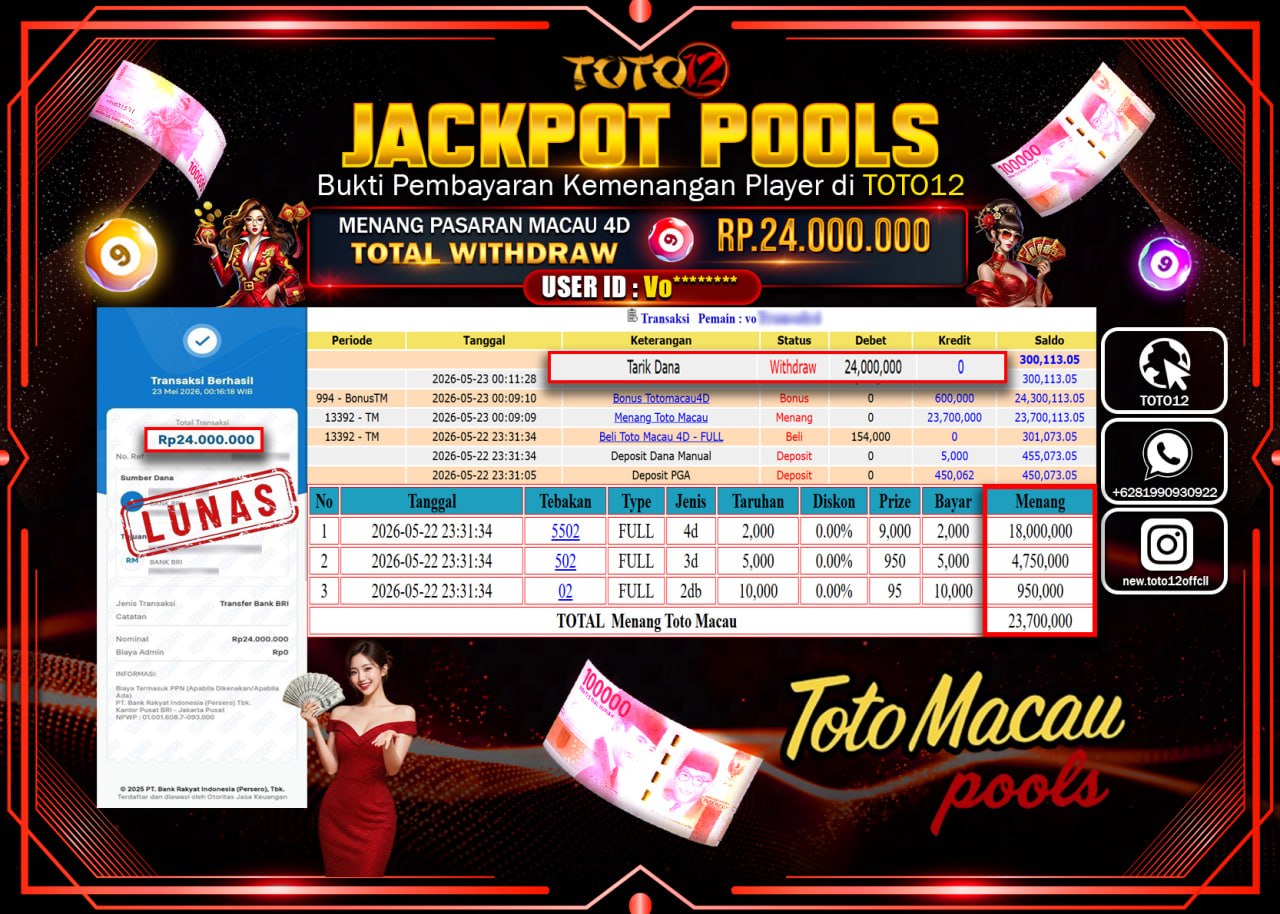 HANYA DI TOTO12 JP PASTI DI BAYAR LUNAS DAN CEPAT!!!!!! JACKPOT POOLS PASARAN (MACAU 4D) Rp24.000.000!!!!