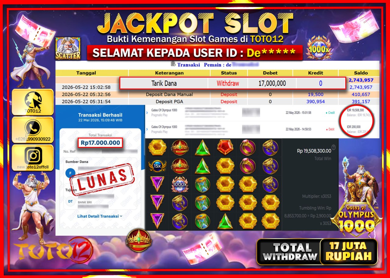 HANYA DI TOTO12 JP PASTI DI BAYAR LUNAS DAN CEPAT!!!!!! JACKPOT SLOT GAME (GATES OF OLYMPUS 1000) Rp17.000.000!!!!