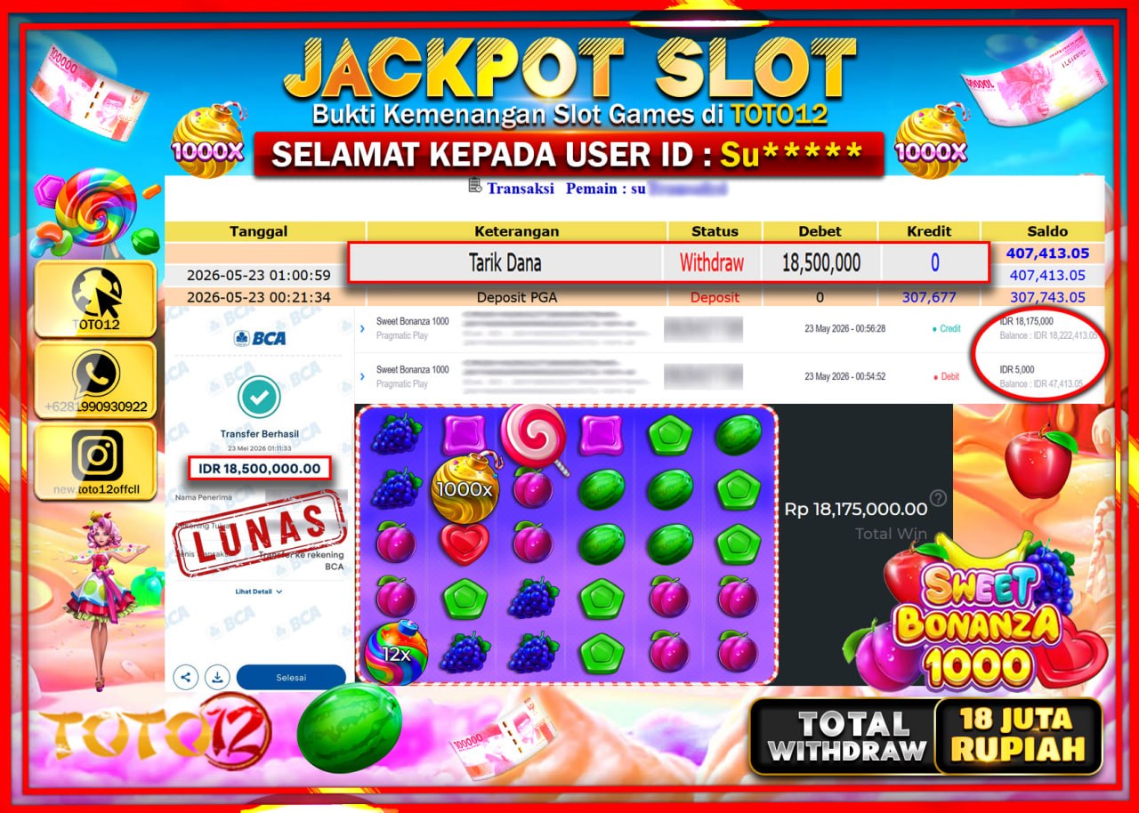 HANYA DI TOTO12 JP PASTI DI BAYAR LUNAS DAN CEPAT!!!!!! JACKPOT SLOT GAME (SWEET BONANZA 1000) Rp18.500.000!!!!