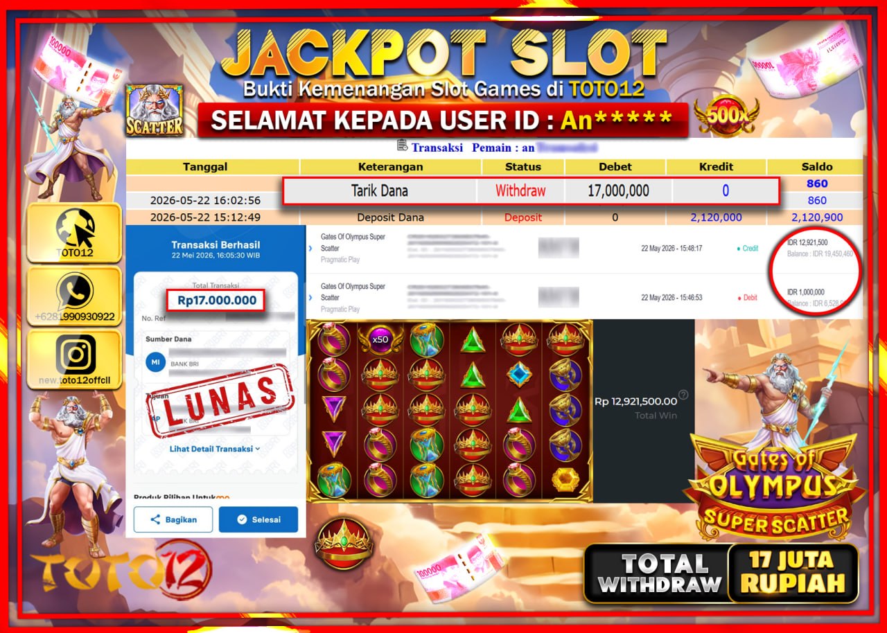 HANYA DI TOTO12 JP PASTI DI BAYAR LUNAS DAN CEPAT!!!!!! JACKPOT SLOT GAME (GATES OF OLYMPUS SUPER SCATTER) Rp17.000.000!!!!