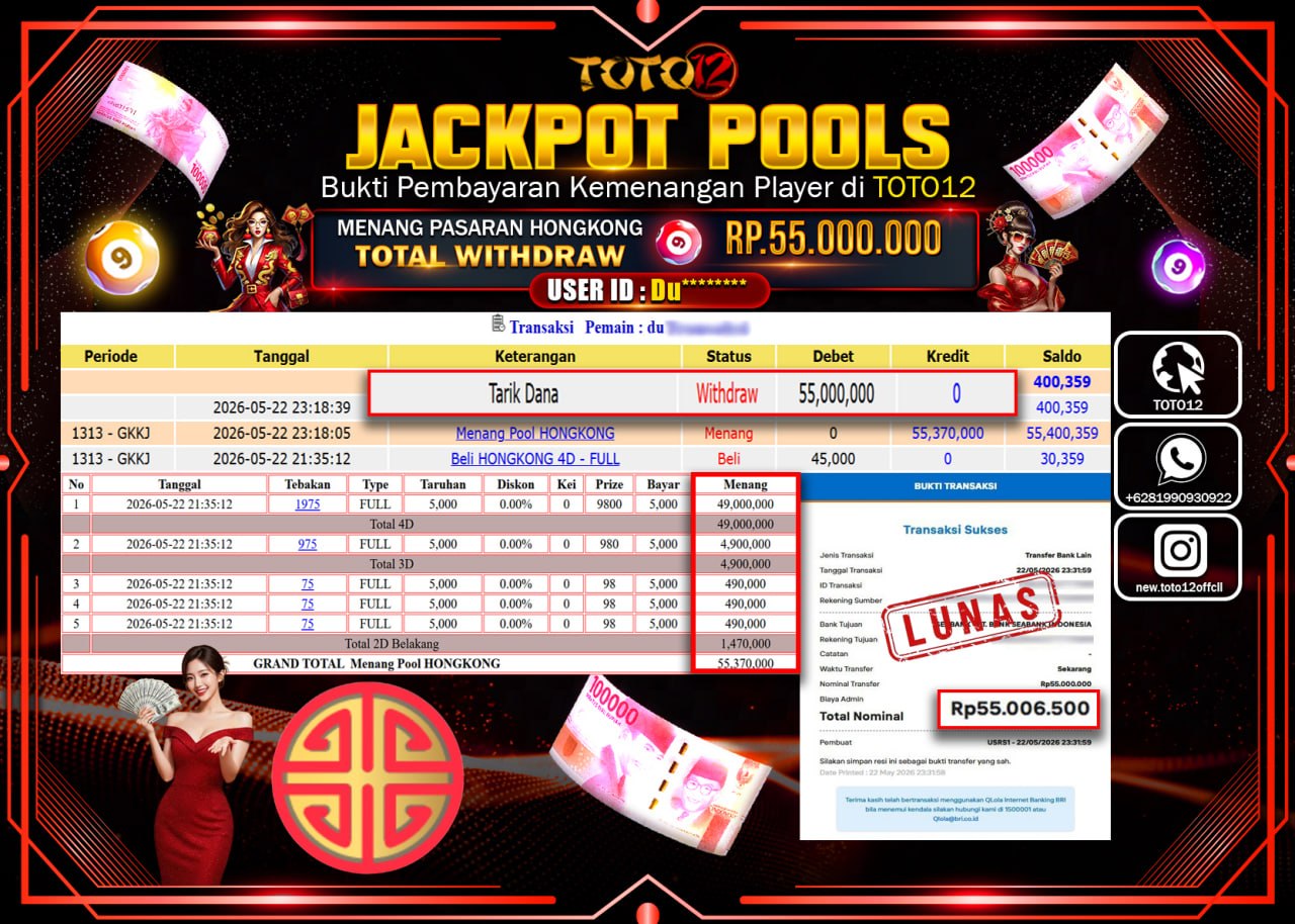 HANYA DI TOTO12 JP PASTI DI BAYAR LUNAS DAN CEPAT!!!!!! JACKPOT POOLS PASARAN (HONGKONG) Rp55.000.000!!!!