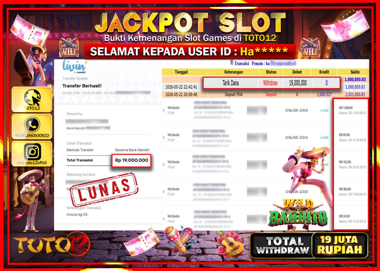 HANYA DI TOTO12 JP PASTI DI BAYAR LUNAS DAN CEPAT!!!!!! JACKPOT SLOT GAME (WILD BANDITO) Rp19.000.000!!!!