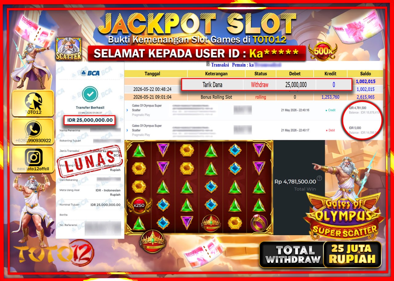 HANYA DI TOTO12 JP PASTI DI BAYAR LUNAS DAN CEPAT!!!!!! JACKPOT SLOT GAME (GATES OF OLYMPUS SUPER SCATTER) Rp25.000.000!!!!