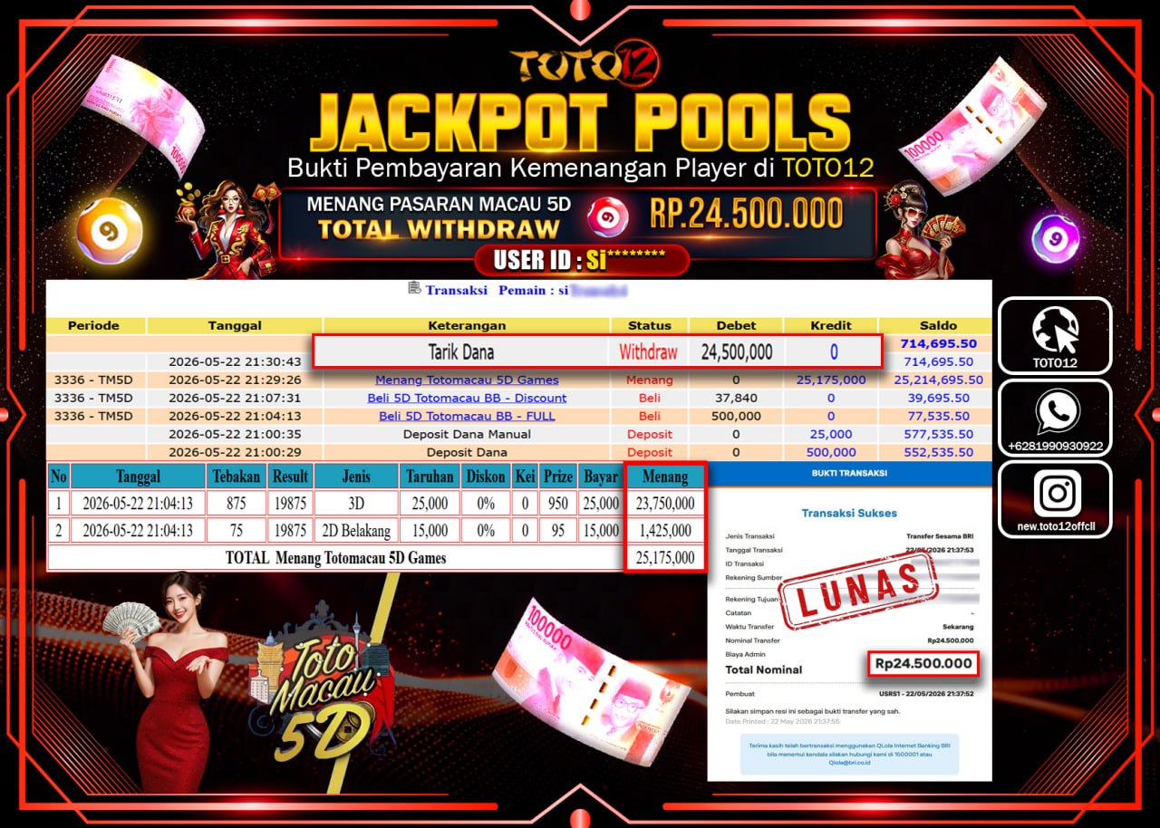 HANYA DI TOTO12 JP PASTI DI BAYAR LUNAS DAN CEPAT!!!!!! JACKPOT POOLS PASARAN (MACAU 5D) Rp24.500.000!!!!