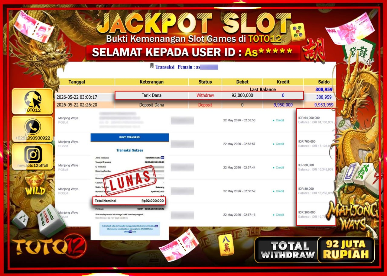 HANYA DI TOTO12 JP PASTI DI BAYAR LUNAS DAN CEPAT!!!!!! JACKPOT SLOT GAME (MAHJONG WAYS) Rp92.000.000!!!!
