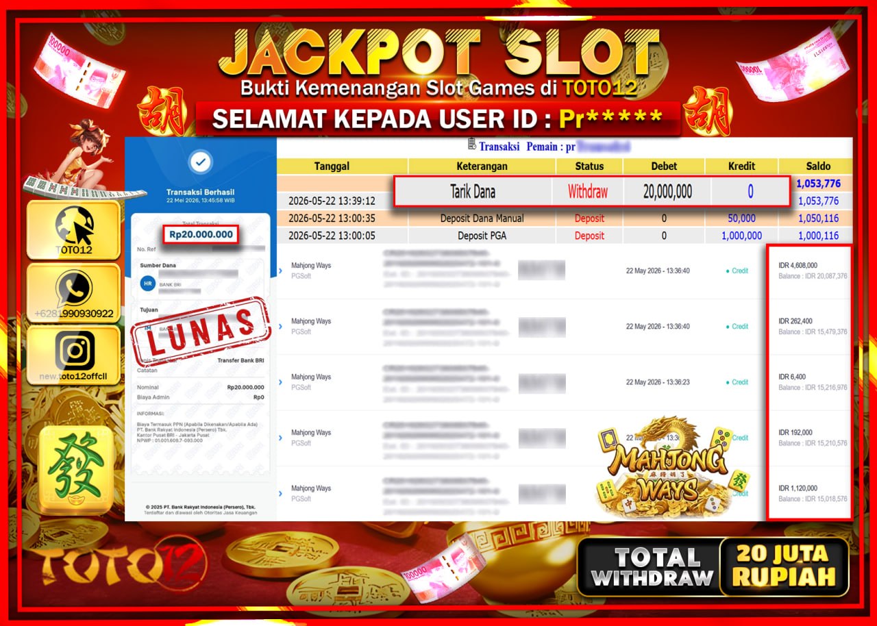 HANYA DI TOTO12 JP PASTI DI BAYAR LUNAS DAN CEPAT!!!!!! JACKPOT SLOT GAME (MAHJONG WAYS) Rp20.000.000!!!!