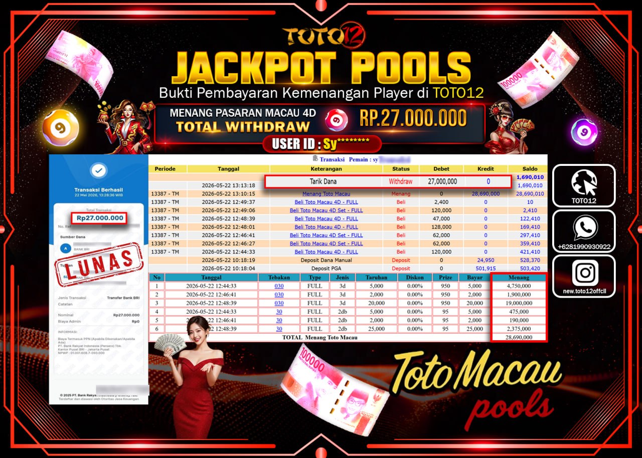 HANYA DI TOTO12 JP PASTI DI BAYAR LUNAS DAN CEPAT!!!!!! JACKPOT POOLS PASARAN (MACAU 4D) Rp27.000.000!!!!