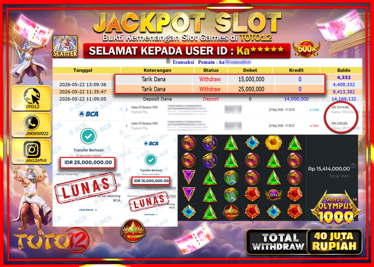 HANYA DI TOTO12 JP PASTI DI BAYAR LUNAS DAN CEPAT!!!!!! JACKPOT SLOT GAME (GATES OF OLYMPUS 1000) Rp40.000.000!!!!