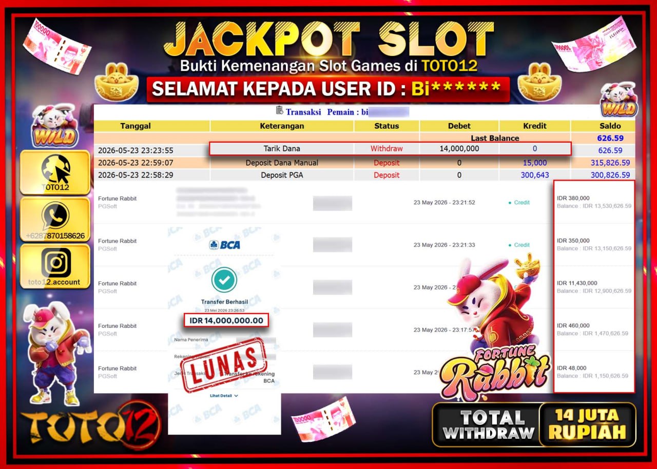 HANYA DI TOTO12 JP PASTI DI BAYAR LUNAS DAN CEPAT!!!!!! JACKPOT SLOT GAME (FORTUNE RABBIT) Rp14.000.000!!!!