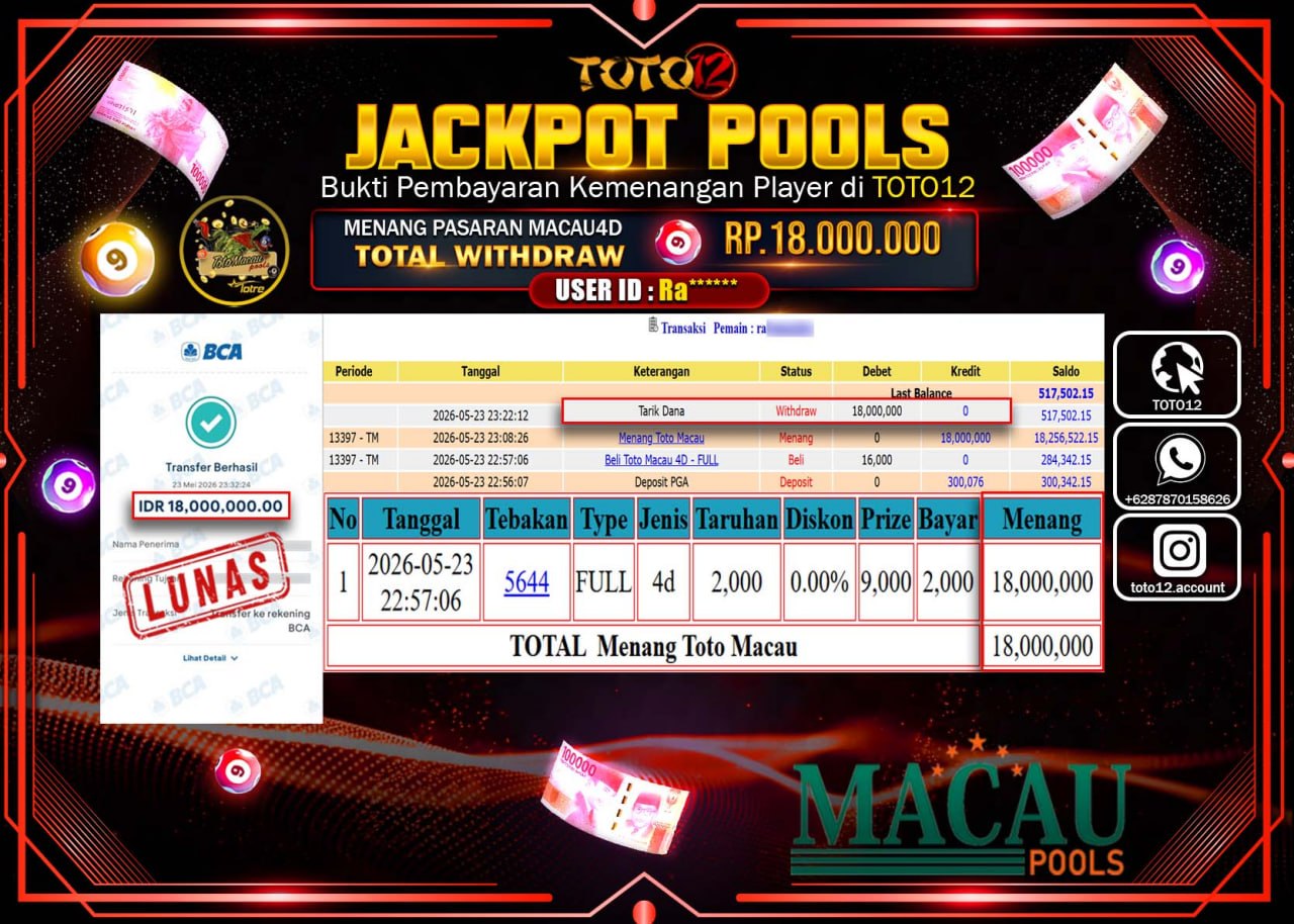 HANYA DI TOTO12 JP PASTI DI BAYAR LUNAS DAN CEPAT!!!!!! JACKPOT POOLS PASARAN (MACAU 4D) Rp18.000.000!!!!