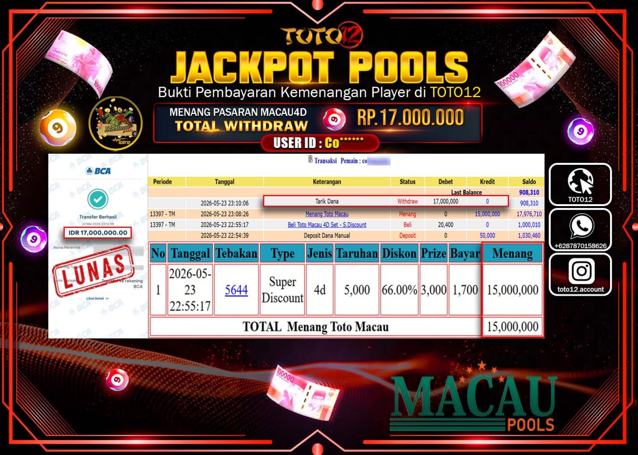 HANYA DI TOTO12 JP PASTI DI BAYAR LUNAS DAN CEPAT!!!!!! JACKPOT POOLS PASARAN (MACAU 4D) Rp17.000.000!!!!