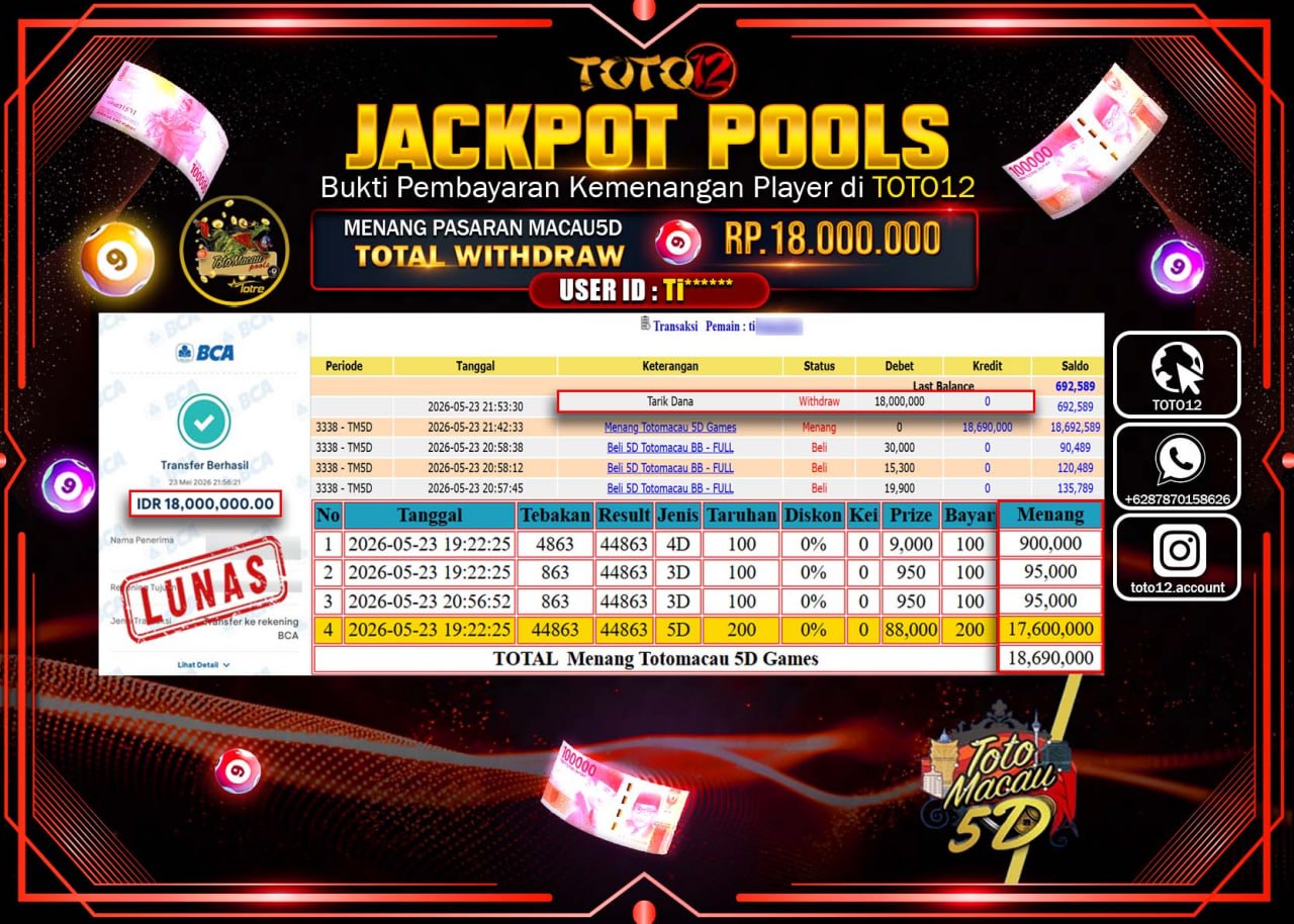 HANYA DI TOTO12 JP PASTI DI BAYAR LUNAS DAN CEPAT!!!!!! JACKPOT POOLS PASARAN (MACAU 5D) Rp18.000.000!!!!