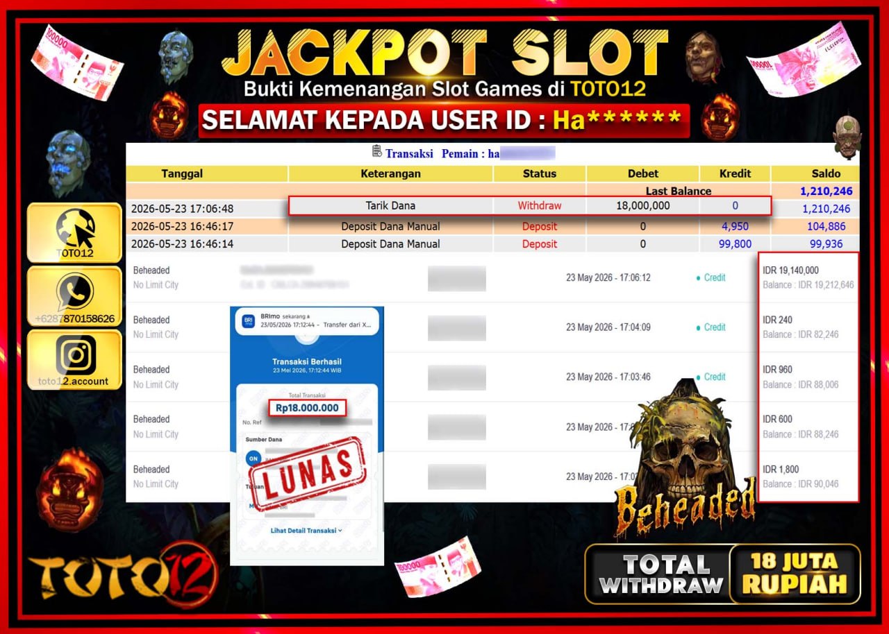 HANYA DI TOTO12 JP PASTI DI BAYAR LUNAS DAN CEPAT!!!!!! JACKPOT SLOT GAME (BEHEADED) Rp18.000.000!!!!