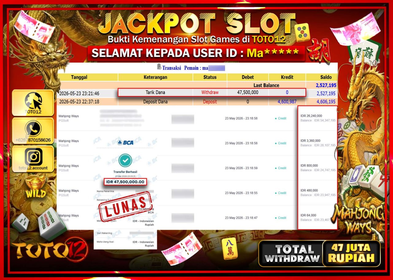 HANYA DI TOTO12 JP PASTI DI BAYAR LUNAS DAN CEPAT!!!!!! JACKPOT SLOT GAME (MAHJONG WAYS) Rp47.500.000!!!!