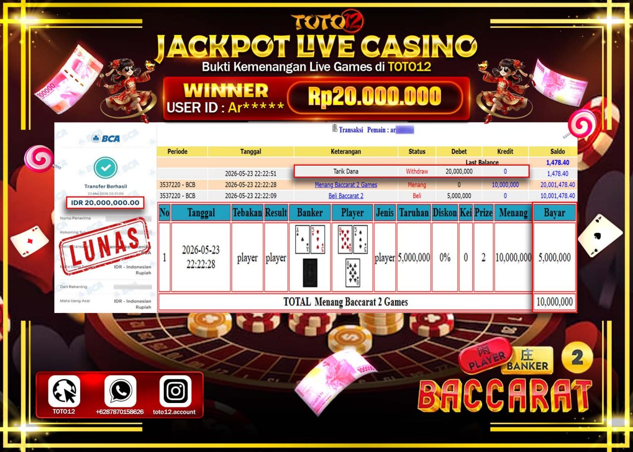 HANYA DI TOTO12 JP PASTI DI BAYAR LUNAS DAN CEPAT!!!!!! JACKPOT  LIVE GAME CASINO (BACCARAT 2) Rp20.000.000!!!!