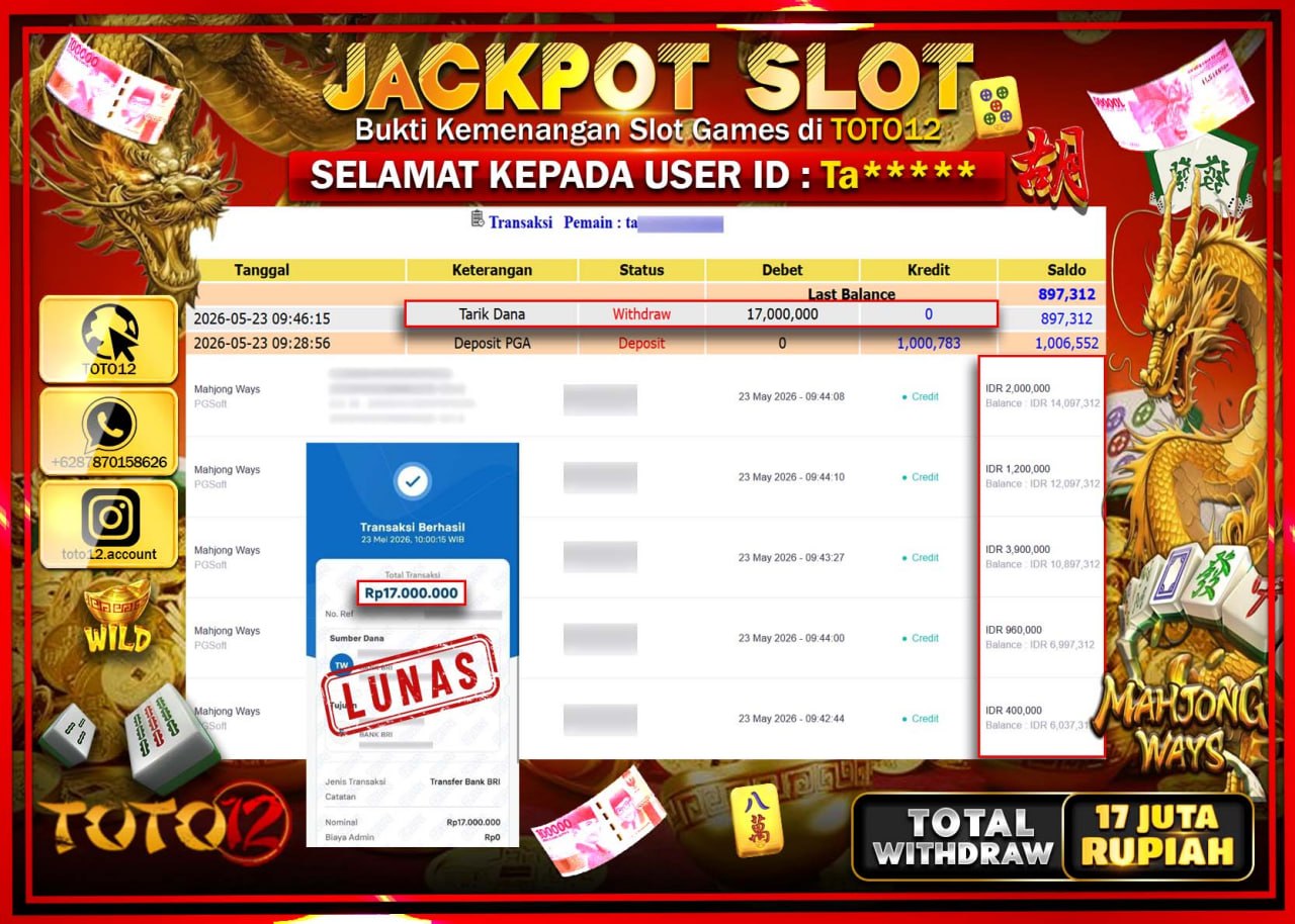 HANYA DI TOTO12 JP PASTI DI BAYAR LUNAS DAN CEPAT!!!!!! JACKPOT SLOT GAME (MAHJONG WAYS) Rp17.000.000!!!!