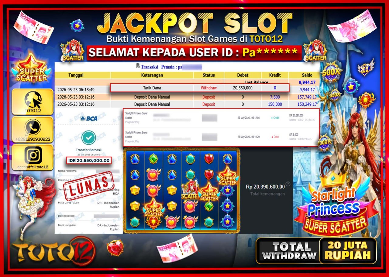 HANYA DI TOTO12 JP PASTI DI BAYAR LUNAS DAN CEPAT!!!!!! JACKPOT SLOT GAME (STARLIGHT PRINCESS SUPER SCATTER) Rp20.550.000!!!!