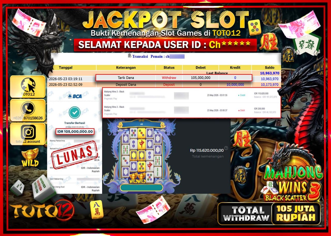HANYA DI TOTO12 JP PASTI DI BAYAR LUNAS DAN CEPAT!!!!!! JACKPOT SLOT GAME (MAHJONG WINS 3 BLACK SCATTER) Rp105.000.000!!!!
