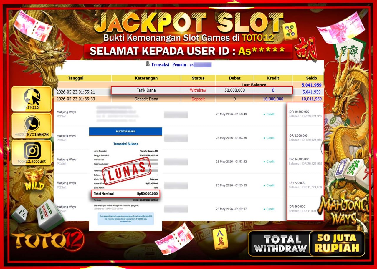 HANYA DI TOTO12 JP PASTI DI BAYAR LUNAS DAN CEPAT!!!!!! JACKPOT SLOT GAME (MAHJONG WAYS) Rp50.000.000!!!!